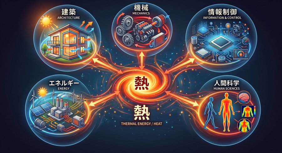 Conceptual diagram showing architecture, mechanical engineering, information and control, energy, and human science connected through 'heat'